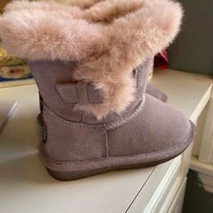 Bearpaw girls suede purple boots with fur. Style is Betsy Wisteria